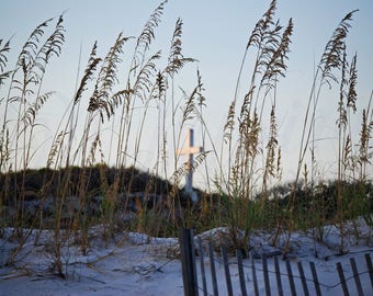 Pensacola Beach Cross photography, Cross on dune with Seaoats photo, Beach cross and sea oats picture