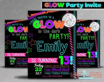 Glow in the Dark Birthday Party Invitations | Teen Neon Black Light Girls Boys Digital | Tween Customize Personalize Printable file