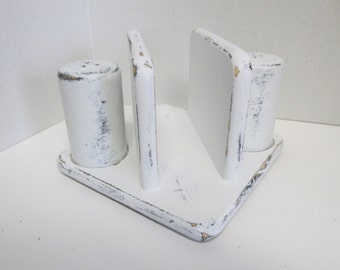 White Distressed Napkin Holder with Salt and Pepper Shakers / Rustic / Shabby Chic / Upcycle / Cottage Chic