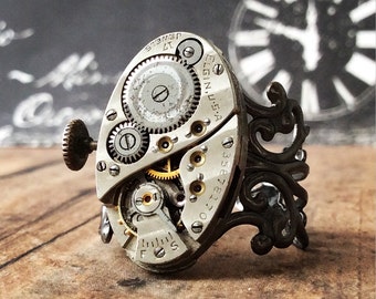 Watch Part Ring, Steampunk Ring, Watch Gear Ring, Watch Movement, Gunmetal Ring, Steampunk Jewelry, Oval Ring, Gunmetal Jewelry, Silver Ring