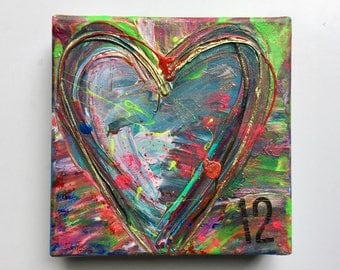 Small abstract acrylic heart painting. Original Painting #012, Original Art, Heart art! #012 of Hearts, Heartache Series, 6x6 canvas