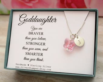 Goddaughter gift for god daughter necklace sterling silver initial Swarovski butterfly unique personalized birthday gift from godmother