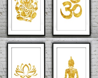 Set of 4 Ganesha lotus buddha om, Meditating yoga prints ,Gold Foil Print Print Gold Wall Art Rose Gold Mural Prints Vintage Foil Quote