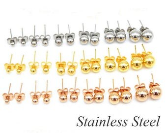 Ball Stainless Steel Earring Stud - Earring Post- 20PCS Ball Stud Blank earrings- Hypoallergenic Earring Finding-Earring Blank Findings