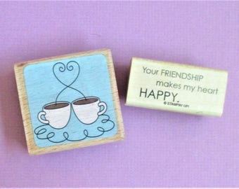 Set of 2 Images Coffee Cups Friendship Quote Papercraft Rubber Stamps Wood Block Mounted Planner Goodie Scrapbooking Card Making DIY Crafts