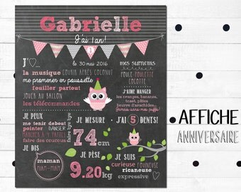 Displays first personalized birthday "Pink owls" _FICHIER numerique_fete baby 1 year, Blackboard, slate table