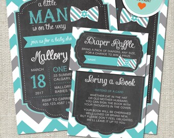 Little Man Baby Shower Invitation, Little Man Invitation, Little Man, Teal, Gray, Chevron | DIY