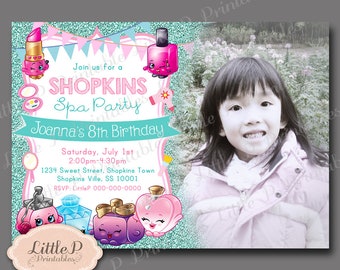 Shopkins Spa Party Invitation. Birthday Invitation with Photo. Turquoise Glitter Sparkle Invite. Shopkins Birthday Invitation. 015