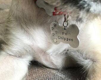 Hand Stamped Pet ID Tag I'm Microchipped Bone Shape Tag Dog ID Tag Puppy Tag UK Custom Pet Tag in gift box
