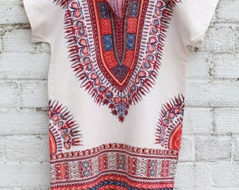 Vintage cream dashiki boho gypsy 70s hippy cotton indian ethnic mini smock short blouse tunic dress S