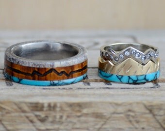 Men and Women Engagement Ring Set: "Teton Mountains." Stag Hound, Elk Head Design