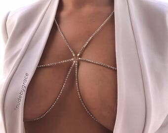 15% off sale, Body Chain, bralette chain, bikini body jewelry, bralette jewelry, cross body necklace, gold bralette, harness bralette
