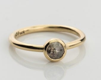 Grey diamond Stack ring, diamond engagement ring, salt & pepper diamond, bezel grey stone ring, engagement diamond ring, 14K yellow gold