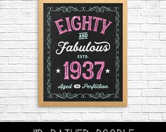 Eighty and Fabulous - 80 & Fabulous - 1937 Chalkboard Sign - Aged to Perfection - 80th Birthday Gift - 16x20 - Pink Glitter Aqua - Printable