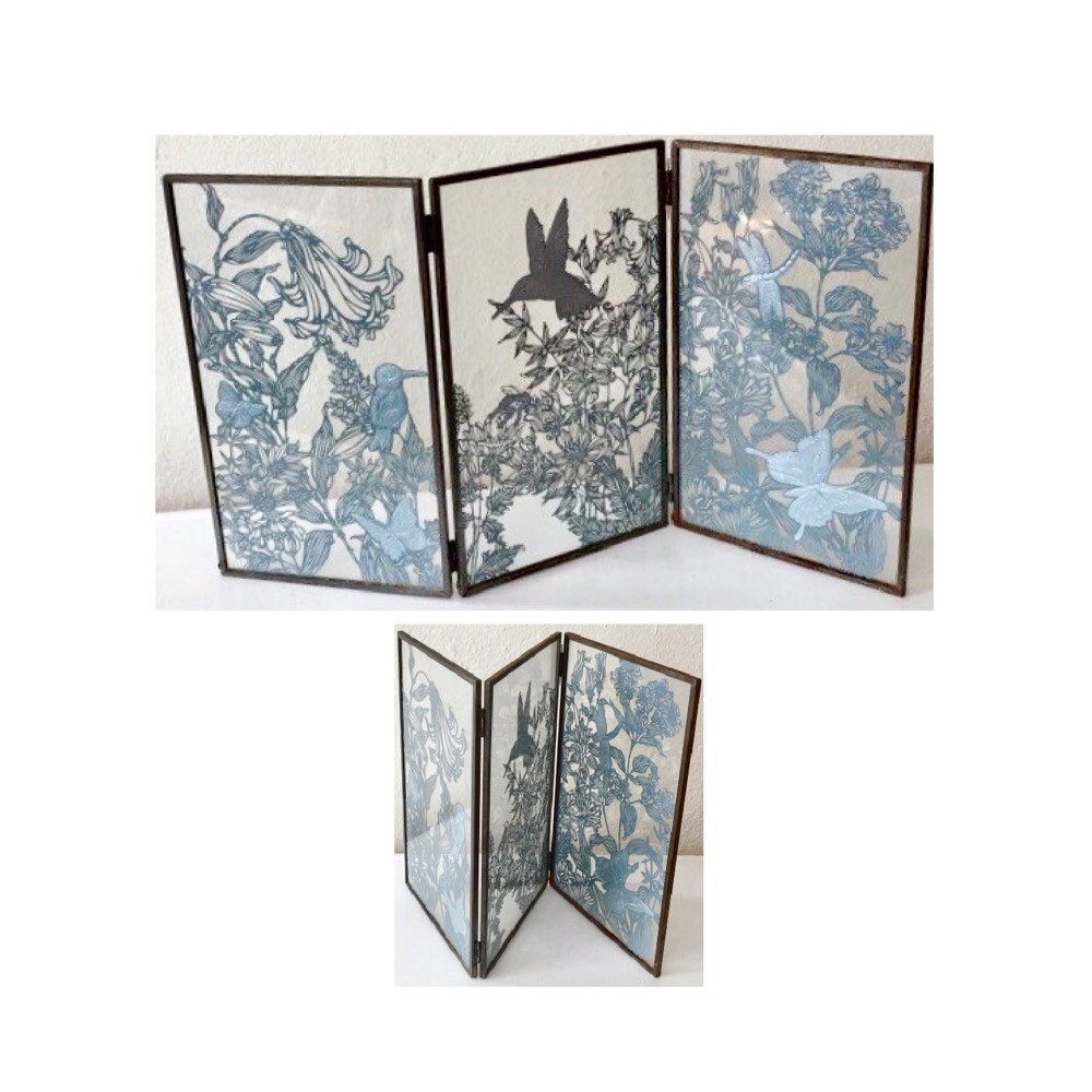 Small Glass Folding Screen Trifold Glass and Paper Bird