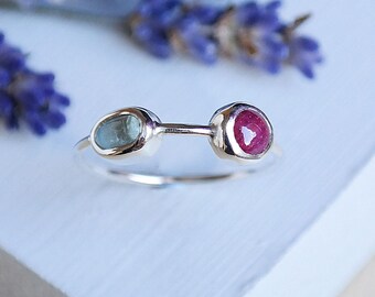 Sterling Silver Ruby Ring, Aquamarine Ring, Ruby Jewelry, July Birthstone, Gemstone Ring, Silver Ruby Ring, Stackable Ruby Ring, Silver Ring