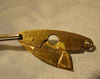 Greek Key and Floral design Cheroot, Cigar Cutter w Brass Finish - vintage Watch Chain FOB, Cigarillo Cutter, Smoking Tobacciana collectible
