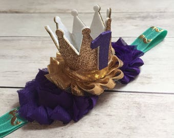 Mermaid First Birthday Headband, 1st Birthday Headband, Girls First Birthday Outfit, Smash cake outfit, Gold Crown Headband, aqua and purple
