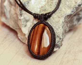 men necklace tiger eye stone macrame necklace pendant men gift for men boyfriend gift macrame jewelry cabochon necklace gemstone charm