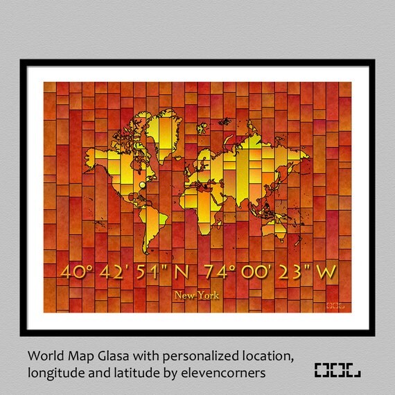 personalized world map glasa gps coordinates print map of