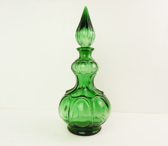 Large genie bottle Empoli / Italian green glass decanter with