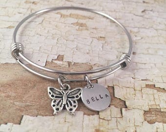 Butterfly charm bracelet, little girl jewelry, Little Girl bracelet, personalized name charm bracelet, butterfly charm, name bracelet