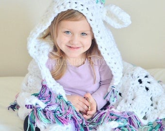 Crochet Unicorn Blanket | hooded unicorn blanket, unicorn blanket, rainbow unicorn blanket, kids unicorn blanket, adult unicorn blanket
