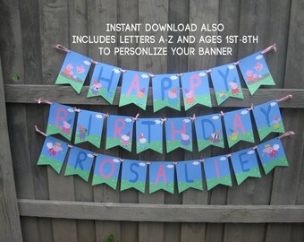 Peppa Pig Printable Birthday Banner, Peppa and George, Birthday Party Banner, Instant Download, Muddy Puddles, Bunting, Fairy Peppa Pig