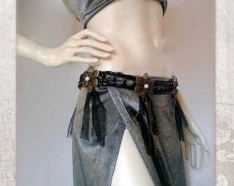 Tribal Fusion Belt with black tulle fringes, Gothic Belt, Tribal Fusion Costume Belt, Tribal Belly Dance Belt, Goth Dark fusion Belt