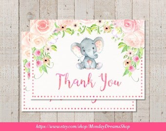 Printable Girl Elephant Floral Baby Shower Thank you Card Girl Jungle Elephant Baby Shower Pink Elephant