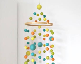 Nursery mobile/green blue yellow orange/baby mobile/baby crib mobile/felt balls mobile/unisex/modern/kid room/pompom/neon/made in Canada