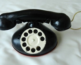 Vintage 1950s Child's Toy Telephone - Rotary Dial Rings when Turned - Black with Cream Dial and Red Bottom -