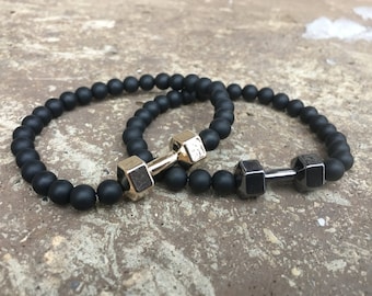 2 Pc Set! Fitness Dumbbell Bracelet Set - Men/women - Motivation - Graphite And Gold - Workout - Gym - Bodybuilding