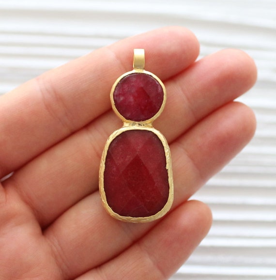 Large red jade pendant, gold bezel gemstone pendant, large gemstone