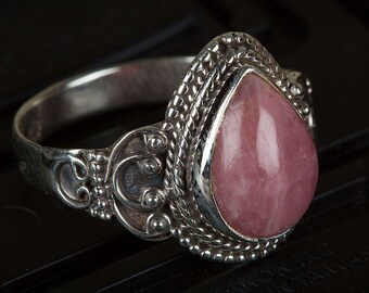 Rhodochrosite Ring, Natural Rhodochrosite Ring, Sterling Silver Ring, Statement Ring, Pink Stone Ring, Healing Ring, Boho Ring, Gypsy Ring