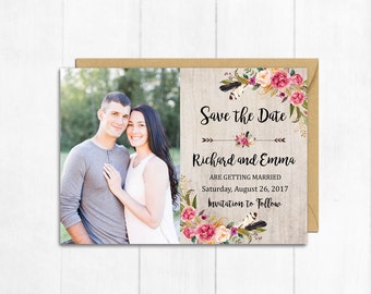 Rustic Boho Floral Feathers Photo Save the Date Card, Printable Floral Photo Save the Date, Photo Save Date, Bohemian, Arrows Download 106-A