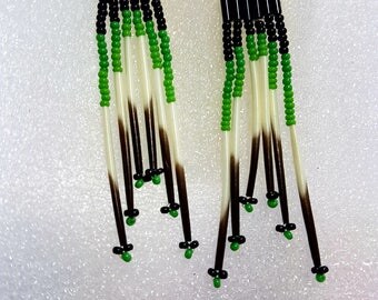 Native american beaded earrings, Porcupine quill earrings, Seed bead earrings, dangle earrings, handmade in canada,earrings, greenery,greens