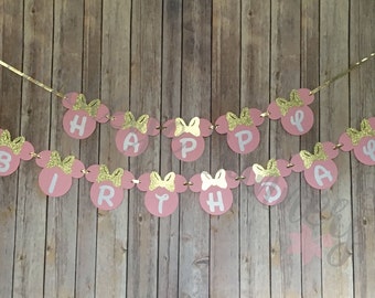 Pink and Gold Minnie Mouse Birthday Banner, Minnie Birthday, Party Decor, Gold Minnie, Pink Minnie, Glitter