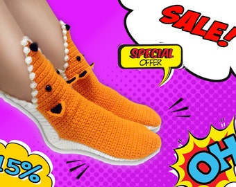 Crochet Fox Slippers Socks / Funny Warm Home Shoes / Adult size