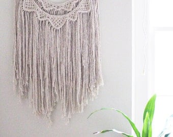 Macrame Wall Hanging / Natural White Cotton Rope / Triangles / Double Layer / Wood Dowel / Wedding Decor / Bohemian Home Decor / Nusery