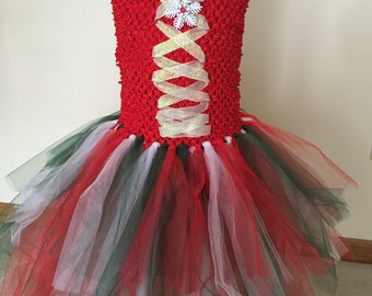 Girls Christmas Holiday Red/White/Green Party Tulle Tutu Dress/Costume/Play with Removable Snow Flake Clip