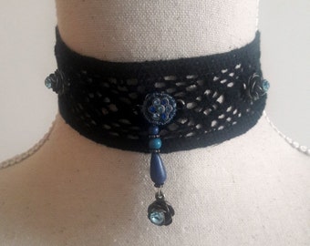 Black lace choker, Romantic choker with blue crystal roses on lace necklace gift idea for her