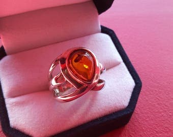 Bague Ancienne En Argent Massif 925 Et Ambre - Vintage - Occasion Avec Usures