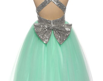 Silver mint flower girl dress/mint flower girl dress/silver sequin dress/pageant dress/mint tulle dress/tulle baby girl dress/dress with bow
