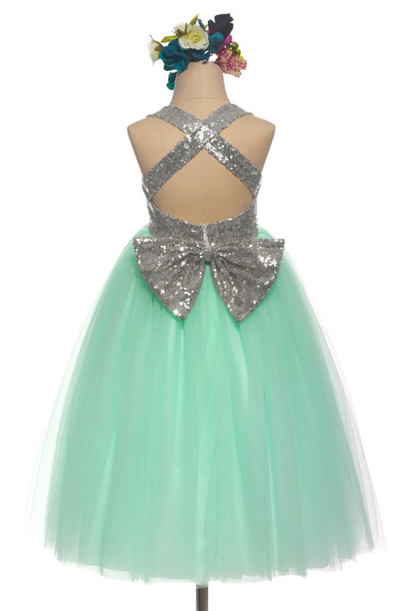 Silver mint flower girl dress/mint flower girl dress/silver
