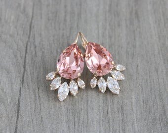 Rose gold earrings, Wedding earrings, Bridal jewelry, Blush crystal earrings, Bridal earrings, Swarovski earrings, Vintage style earrings