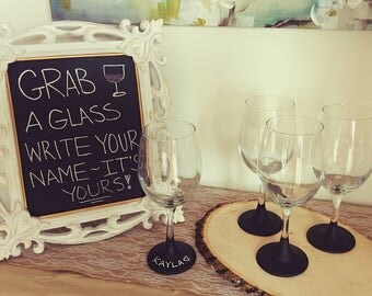 Wedding favors, wine glass wedding favors, personalized wine glasses, wedding chalkboard glasses, bridal shower favors, bachelorette party