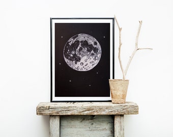 Moon wall art, linocut print, full moon art, moon poster, moon print, moon phase wall art, space wall art, lunar phases poster, moon phases