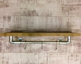 Oak pipework shelf ,industrial shelving , bookcase , shelf , shelving , kitchen hanging rail , kitchen shelving , storage , shelving unit