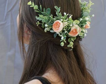 Flower crown wedding, bridal flower hair comb, blush flower half crown, extended flower hair comb, flower headband